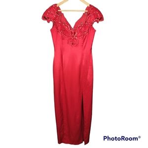 Alyce Designs Beaded Prom Home coming Evening Formal Red Dress Size 16 Slit.